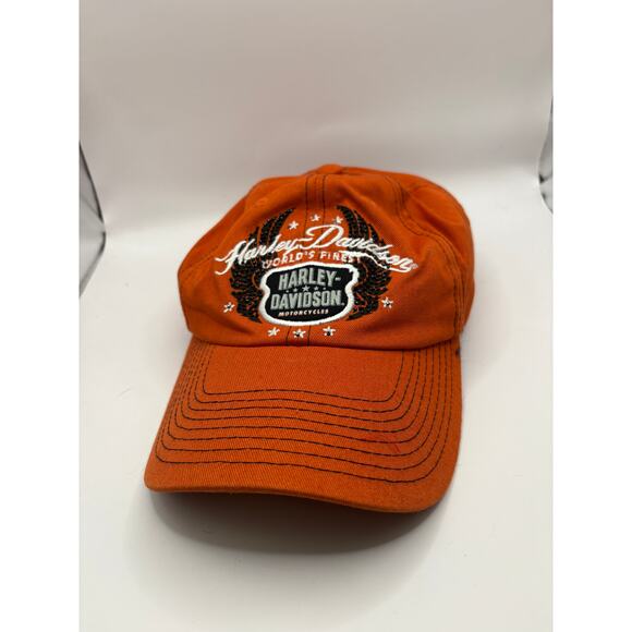Vintage Y2K Harley Davidson Strapback Cap Hat Orange OSFA Motorcycle Embroidered - Picture 1 of 4